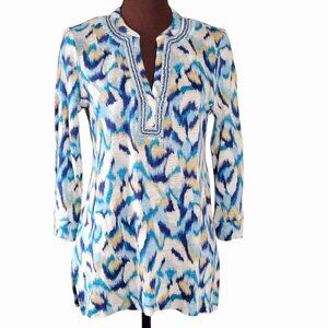 Chico's Top Tunic Blouse Size XS/0 Linen Multicolor Beading Metallic Stretch